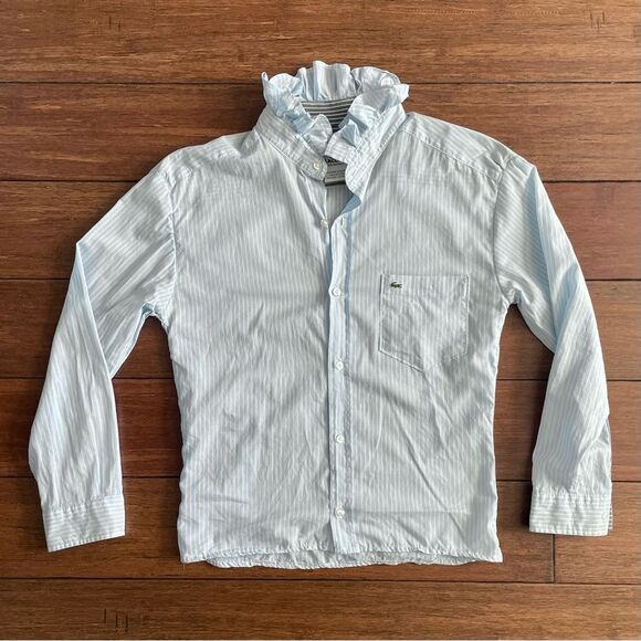 Lacoste UpCycled Handmade Blue Striped Ruffle Collar Button Down Shirt Size XS - Picture 8 of 16